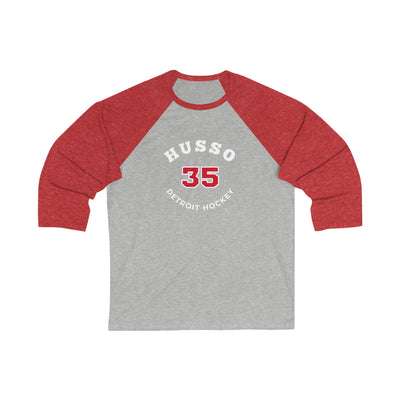 Husso 35 Detroit Hockey Number Arch Design Unisex Tri-Blend 3/4 Sleeve Raglan Baseball Shirt
