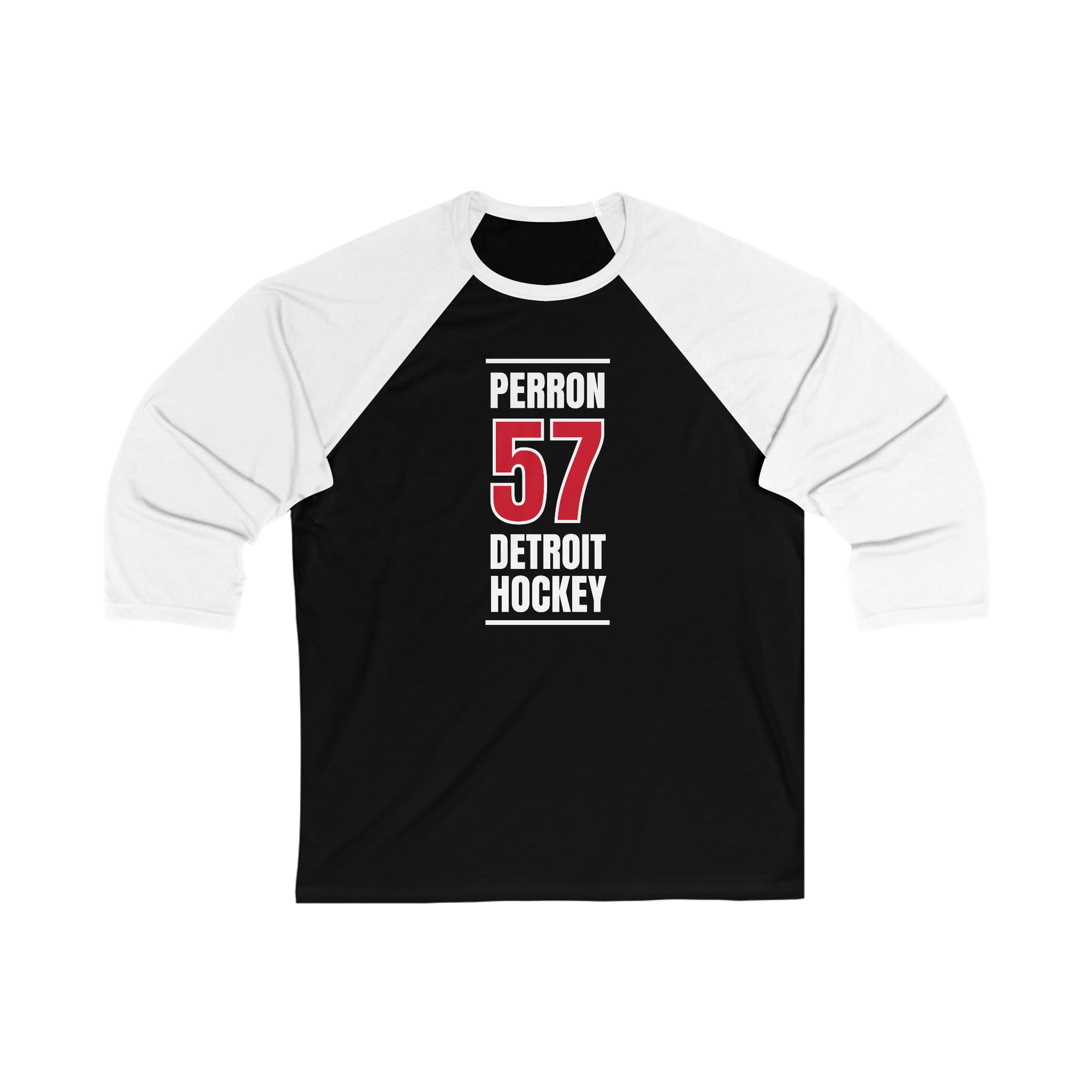 Perron 57 Detroit Hockey Red Vertical Design Unisex Tri-Blend 3/4 Sleeve Raglan Baseball Shirt