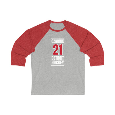 Czarnik 21 Detroit Hockey Red Vertical Design Unisex Tri-Blend 3/4 Sleeve Raglan Baseball Shirt