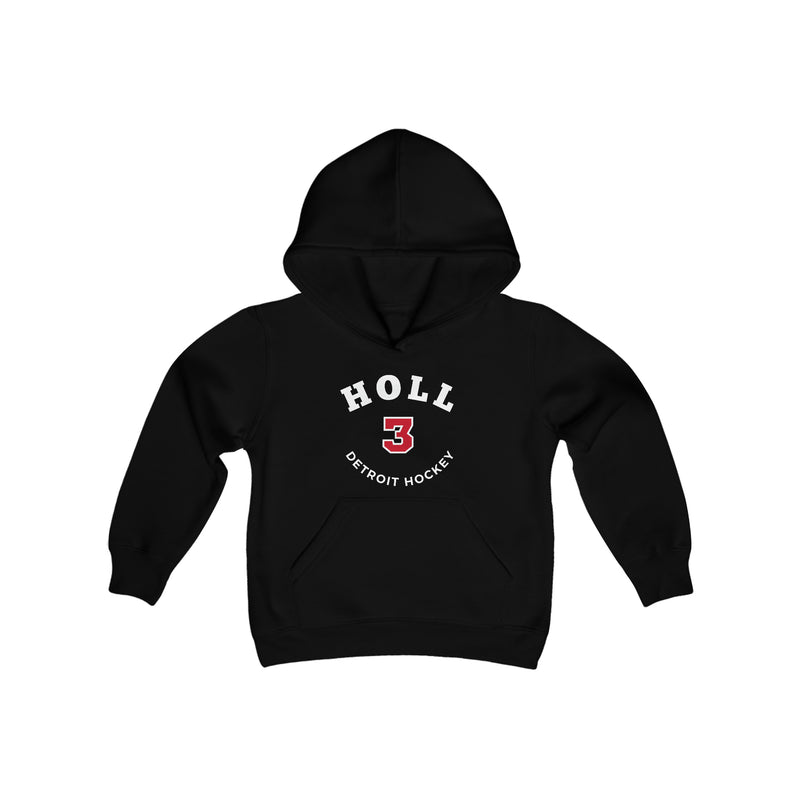 Holl 3 Detroit Hockey Number Arch Design Youth Hooded Sweatshirt