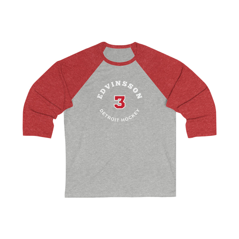 Edvinsson 3 Detroit Hockey Number Arch Design Unisex Tri-Blend 3/4 Sleeve Raglan Baseball Shirt